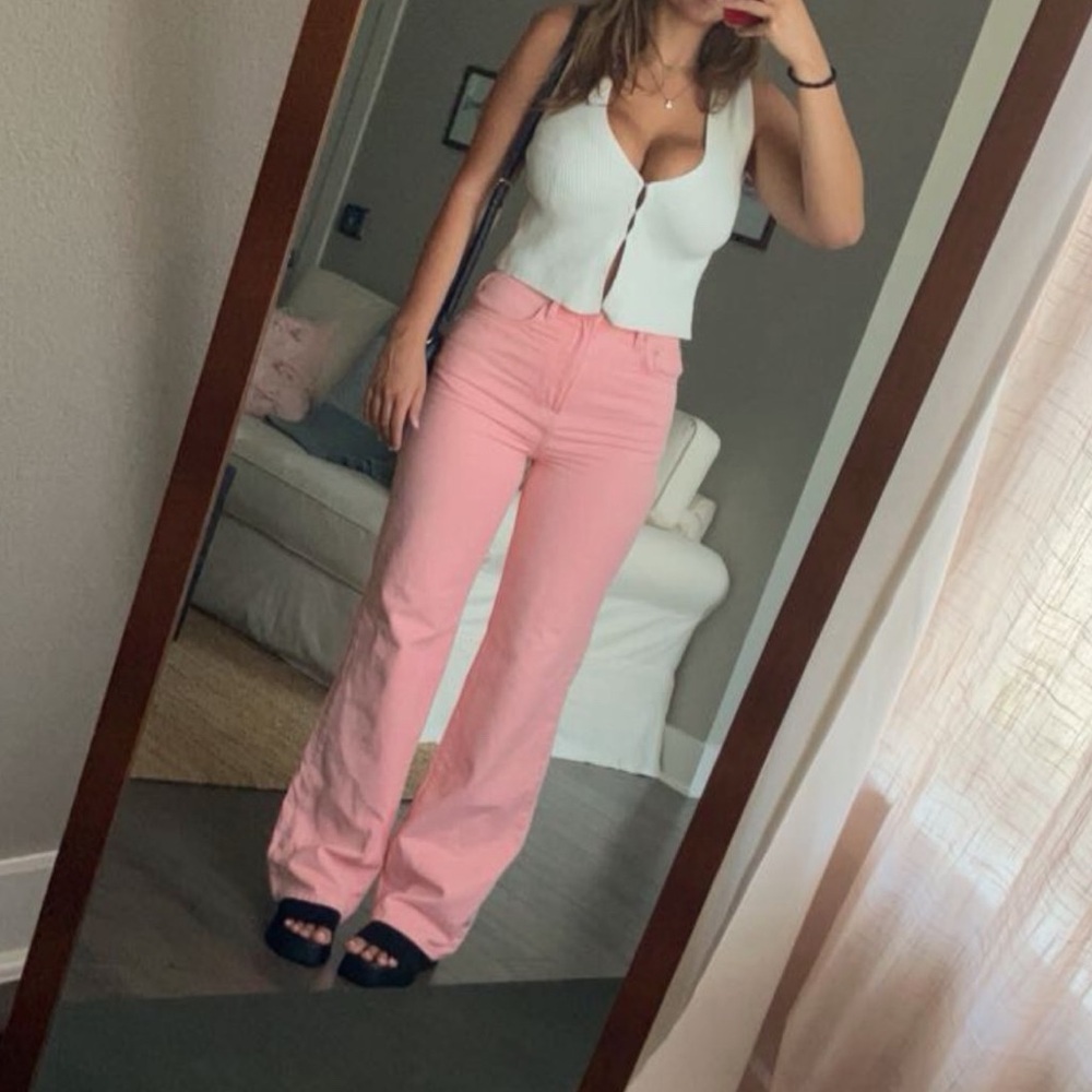 Free people jeans straight leg high rise pink stripe